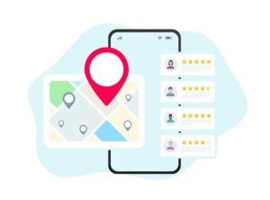 Local SEO for physicians. Local seo marketing based on patient ratings and reviews. Regional listings with maps, red pins, and star ratings for nearby places. Local search concept illustration