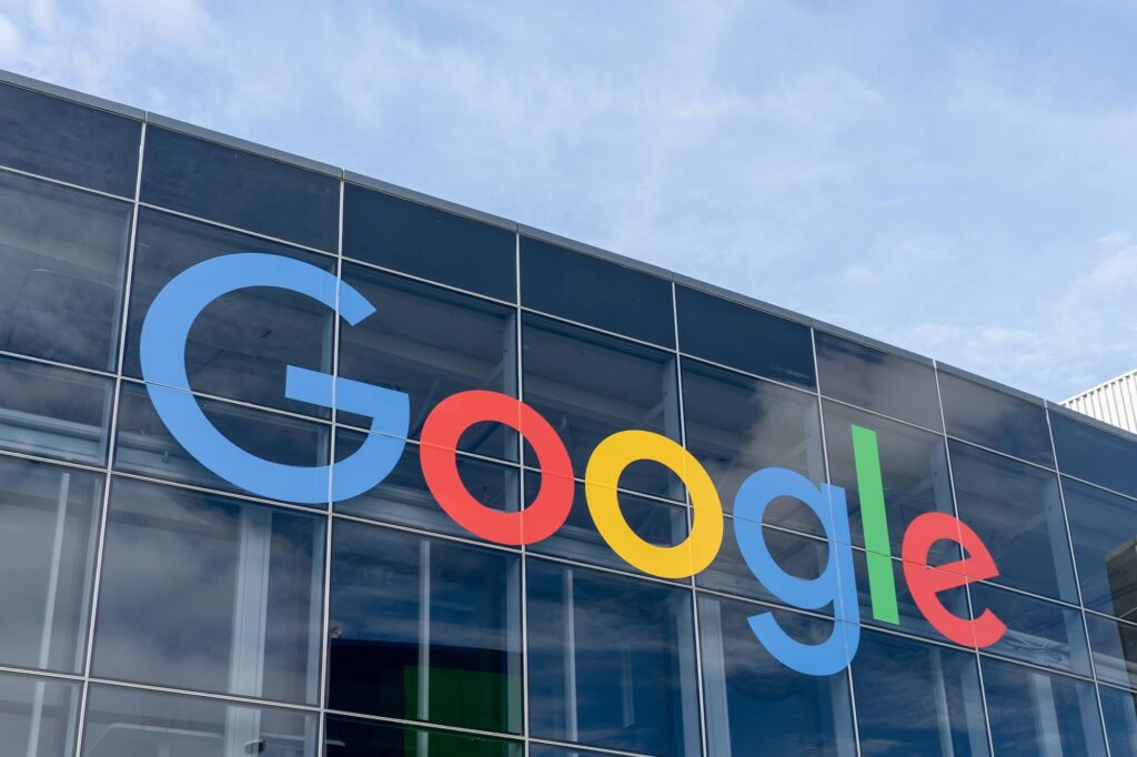 Close up of the Google logo sign on the building in Mountain View, California, USA - June 12, 2023. Google LLC is an American multinational technology company.