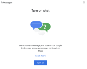 Setup screen for Google My Business chat